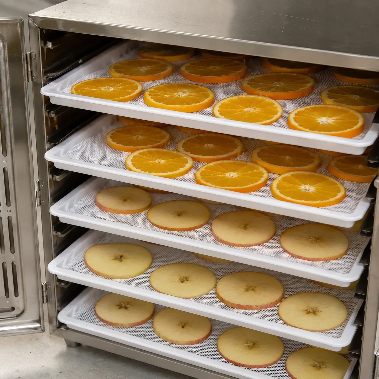 Silicone large-hole mesh mats used in a commercial fruit dehydrator