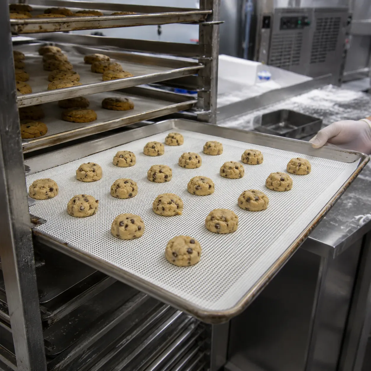 Commercial cookie tray lined with silicone mesh